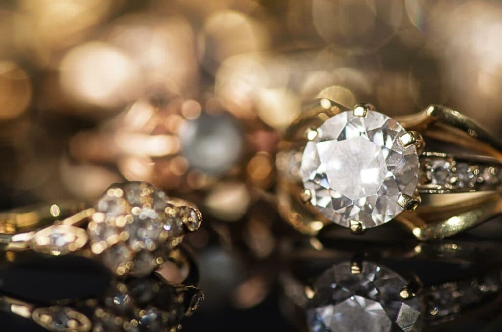 A close up of diamond rings at a jewelry store | jewelry seo guide