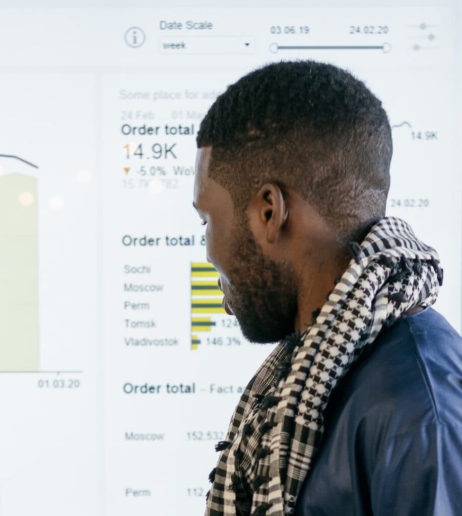 Man looking at website SEO metrics for agency