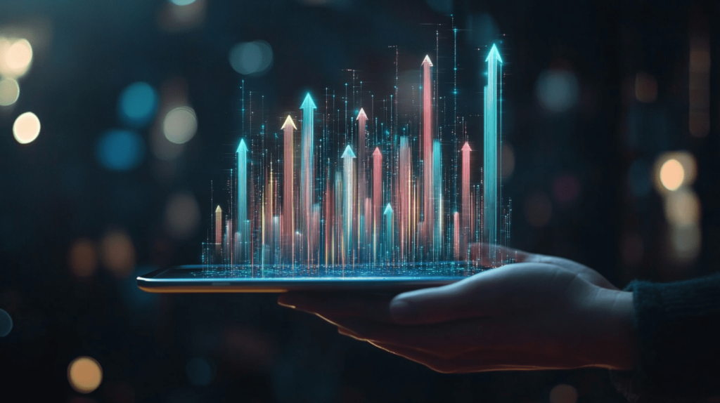 A hand holding a smartphone displaying a holographic projection of colorful, upward-pointing arrows representing growth and progress.