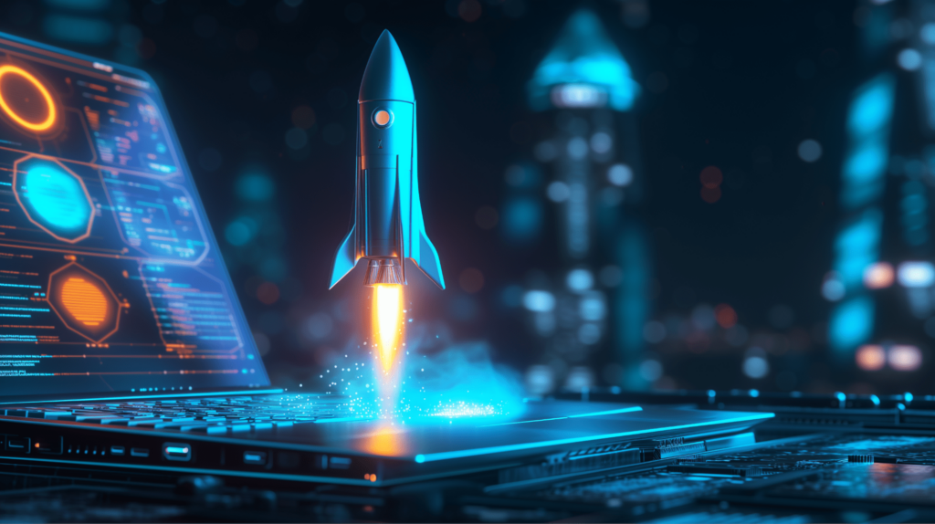A stylized rocket launching from a laptop screen, surrounded by glowing interfaces and digital effects, symbolizing technological advancement and business growth.