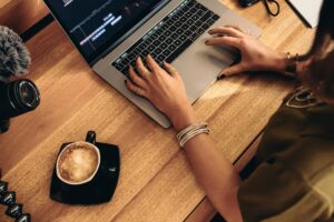 Typing on computer employee