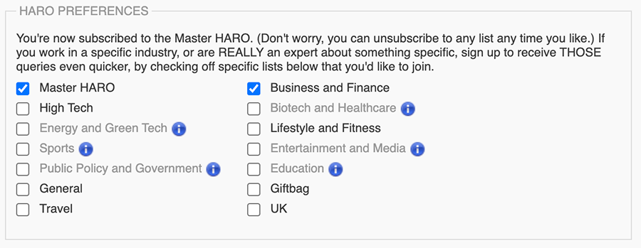 An example of how you can decide HARO preferences when using the platform for niche relevant links to your website.