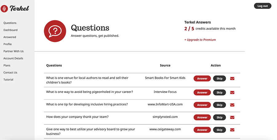 The Terkel dashboard where you answer questions for publications offering niche relevant backlinks
