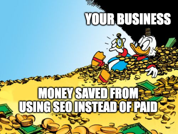 A meme showing a duck in a pile of gold coins. 
