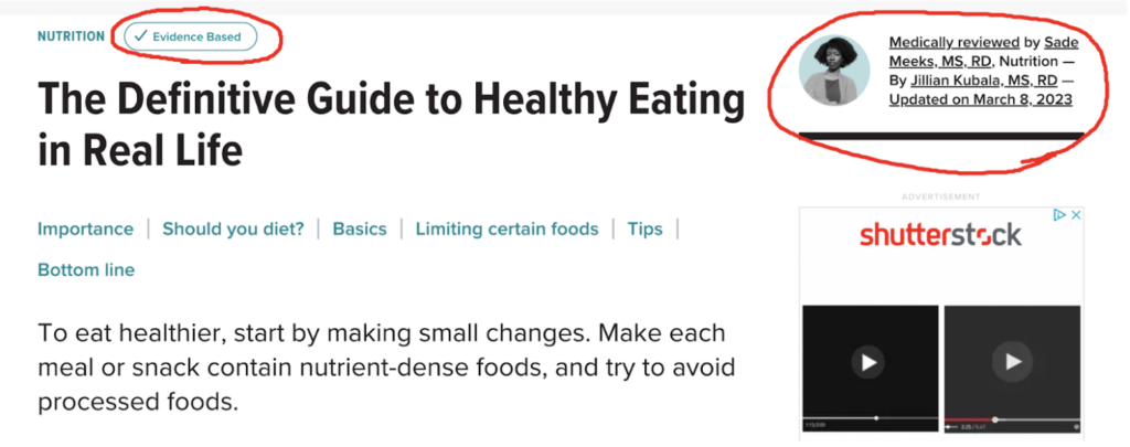 An example of EEAT on a health website