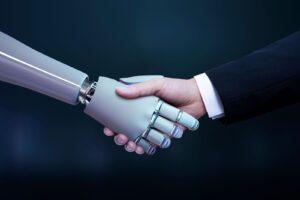 A digital rendering of a robotic hand shaking a human hand.