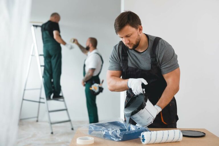 A group of three contractors working on painting the interior of a home.