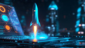 A stylized rocket launching from a laptop screen, surrounded by glowing interfaces and digital effects, symbolizing technological advancement or business growth.
