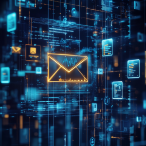 A futuristic composition of a glowing envelope transforming into digital data streams, featuring floating mobile devices and security shields, 3D visualization of market growth charts from $1.8B to $3.4B, deep navy and electric blue color scheme with accent gold highlights, photorealistic render, gleaming metallic elements, holographic UI elements showing email analytics, subtle particle effects, depth of field focusing on the central envelope, corporate tech aesthetic