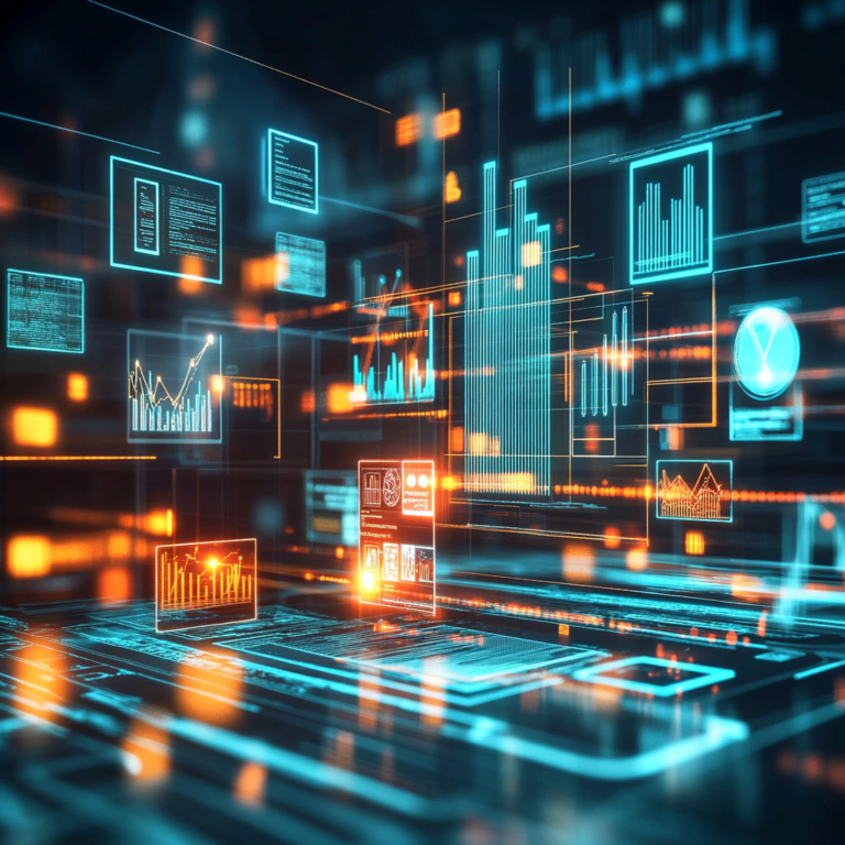 A dynamic 3D visualization of content marketing growth, featuring ascending holographic bar charts and floating content icons, multiple content types represented by glowing geometric shapes (blog posts, videos, social media) interconnected by light beams, rich deep blues and teals, abstract data streams flowing upward, corporate aesthetic with clean lines, photorealistic render, cinematic lighting, depth of field.