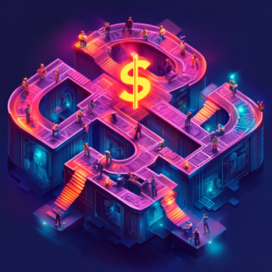 An elaborate maze shaped like a dollar sign, with various pathways representing different ad strategies. In the center, a glowing target. Miniature people navigating the maze with some using compasses. Isometric 3D style with vibrant colors.