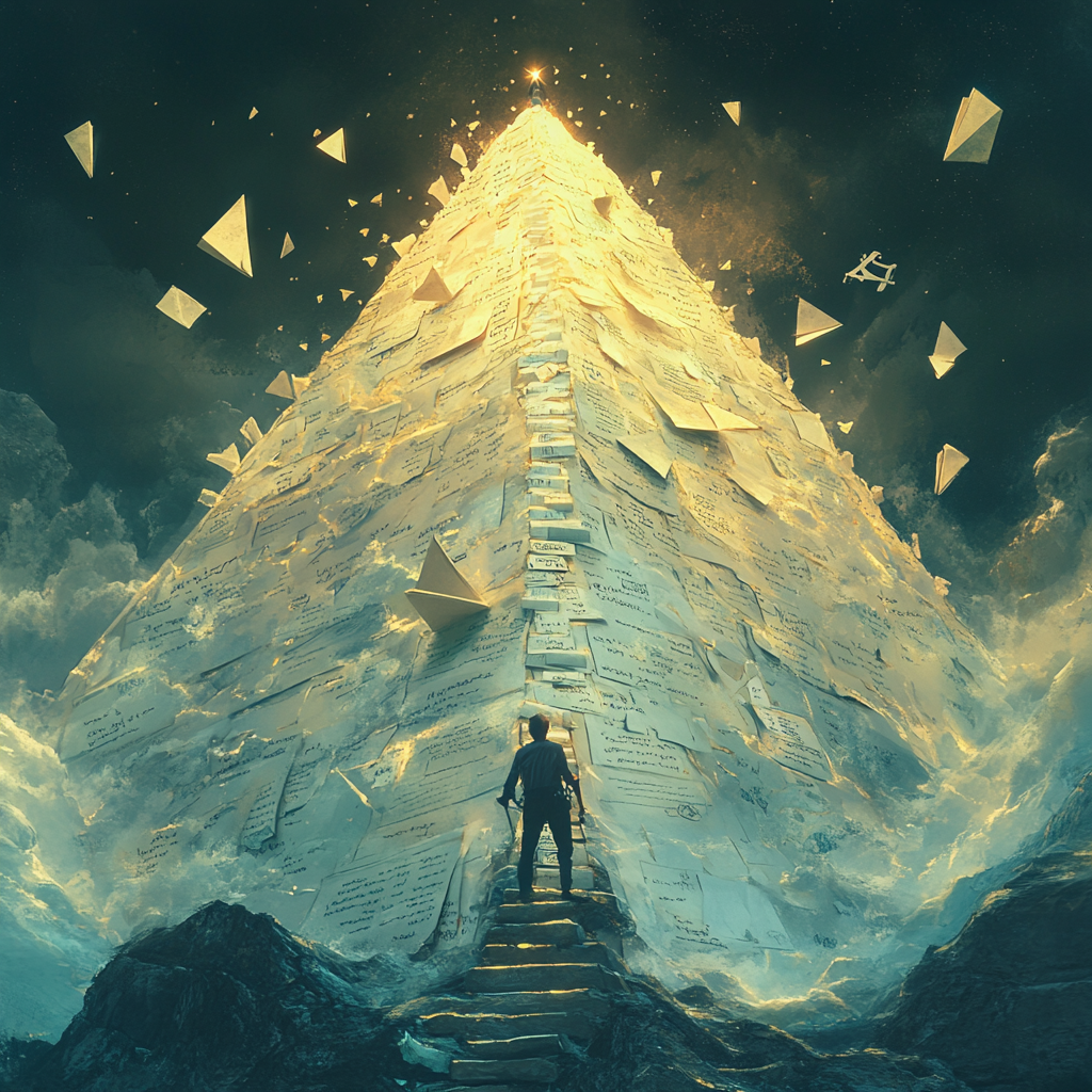 A determined climber scaling a mountain made of oversized notebooks, sticky notes, and digital screens. The peak glows with golden light. Stepping stones leading up the mountain are labeled with milestones. Flying paper planes carry written goals. A giant compass in the foreground points to 'Success'. Photorealistic style with dramatic lighting and a motivational color palette of blues and golds.