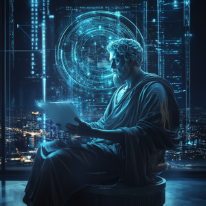 Futuristic image of a neo-platonic philosopher holding a digital tablet.