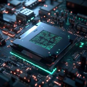 A hyperrealistic close-up of an NVIDIA A100 GPU processor against a dark background, with glowing cyan and neon green circuit patterns, 8k detailed rendering, cyberpunk aesthetic, floating holographic data visualizations surrounding the chip, ray-traced lighting, metallic surfaces with subtle reflections, depth of field effect focusing on the processor die