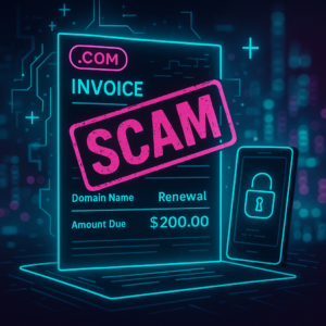 A neon cyberpunk-style digital illustration depicting a domain renewal scam. The image features a glowing cyan invoice with the word "Renewal" correctly displayed, and a bold magenta "SCAM" stamp across the center. Next to the invoice is a neon-outlined smartphone displaying a padlock icon. The background includes a futuristic cityscape with glowing circuitry patterns, creating a high-tech and cautionary visual theme.