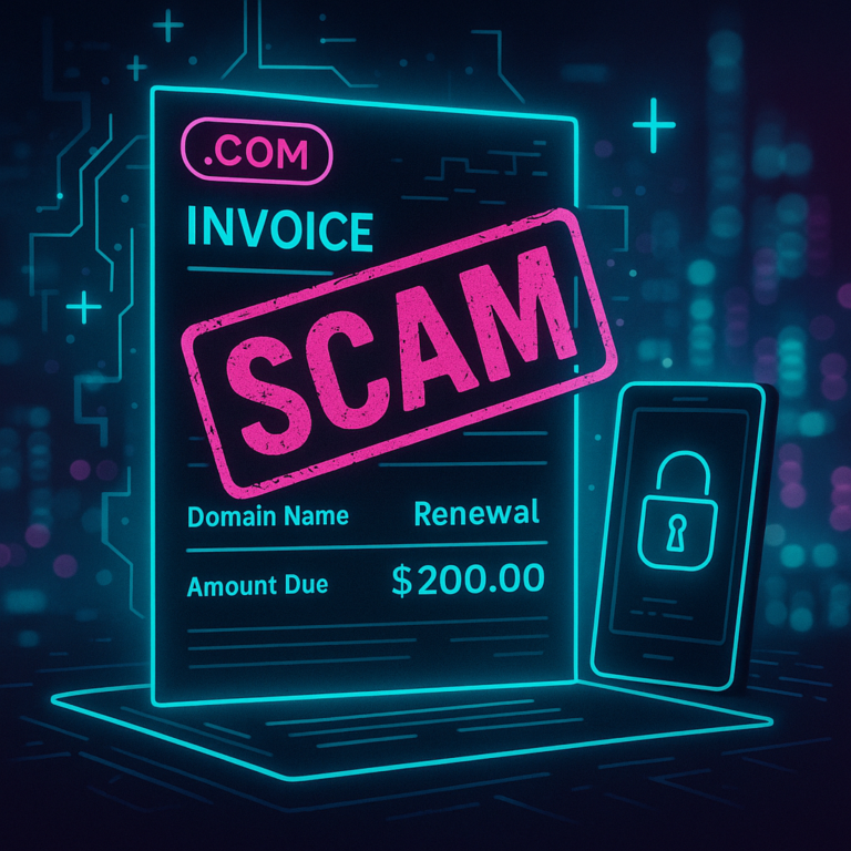 A neon cyberpunk-style digital illustration depicting a domain renewal scam. The image features a glowing cyan invoice with the word "Renewal" correctly displayed, and a bold magenta "SCAM" stamp across the center. Next to the invoice is a neon-outlined smartphone displaying a padlock icon. The background includes a futuristic cityscape with glowing circuitry patterns, creating a high-tech and cautionary visual theme.